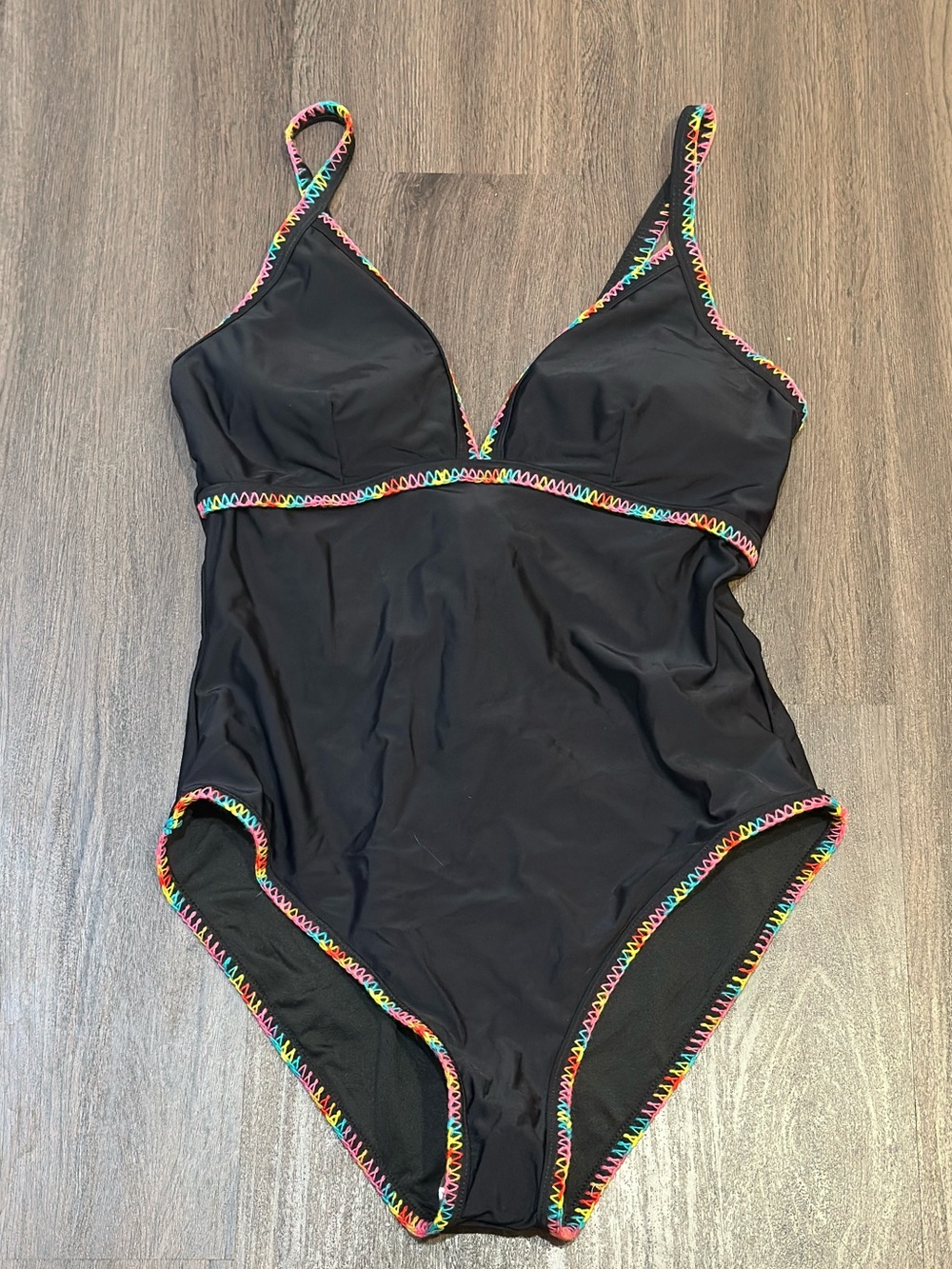 Rainbow Trim Cutout One Piece Swimsuit Black Neon Stitching Size Large NWT - Picture 2 of 11